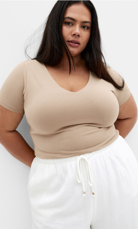 Anny V Neck Top - stone Plus Size