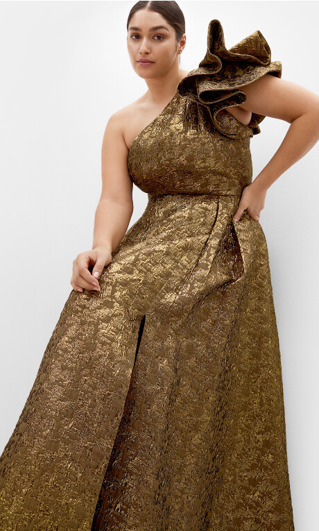 Plus Size Gilded Beauty One Shoulder Maxi Dress - gold
