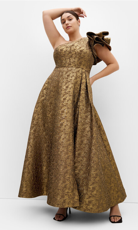 Plus Size Gilded Beauty One Shoulder Maxi Dress - gold