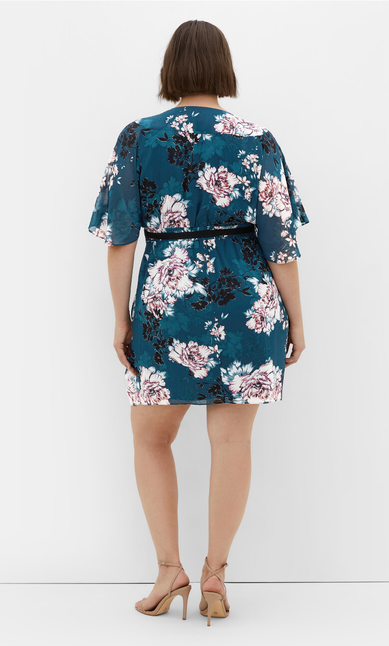 Jade Blossom V-Neck Elbow Sleeve Dress - jade