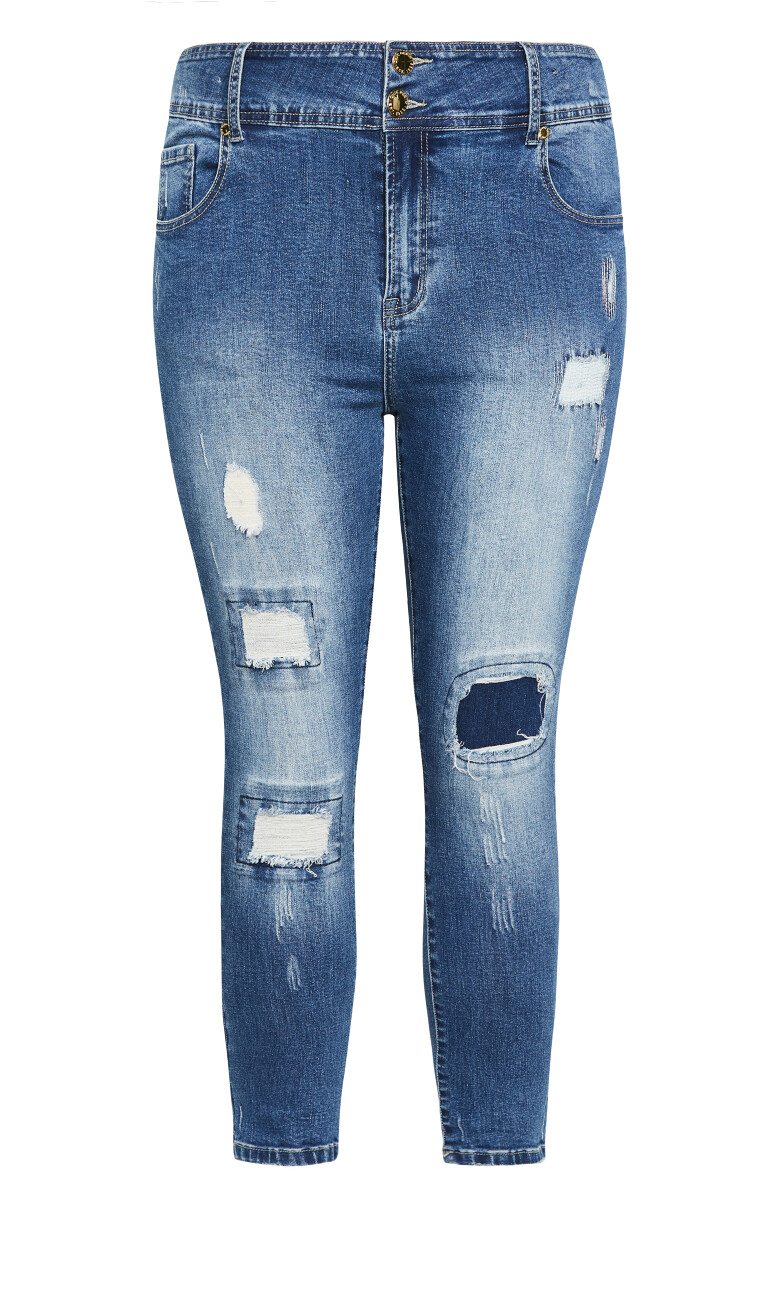 Asha Fit Patched Skinny Jean - mid wash