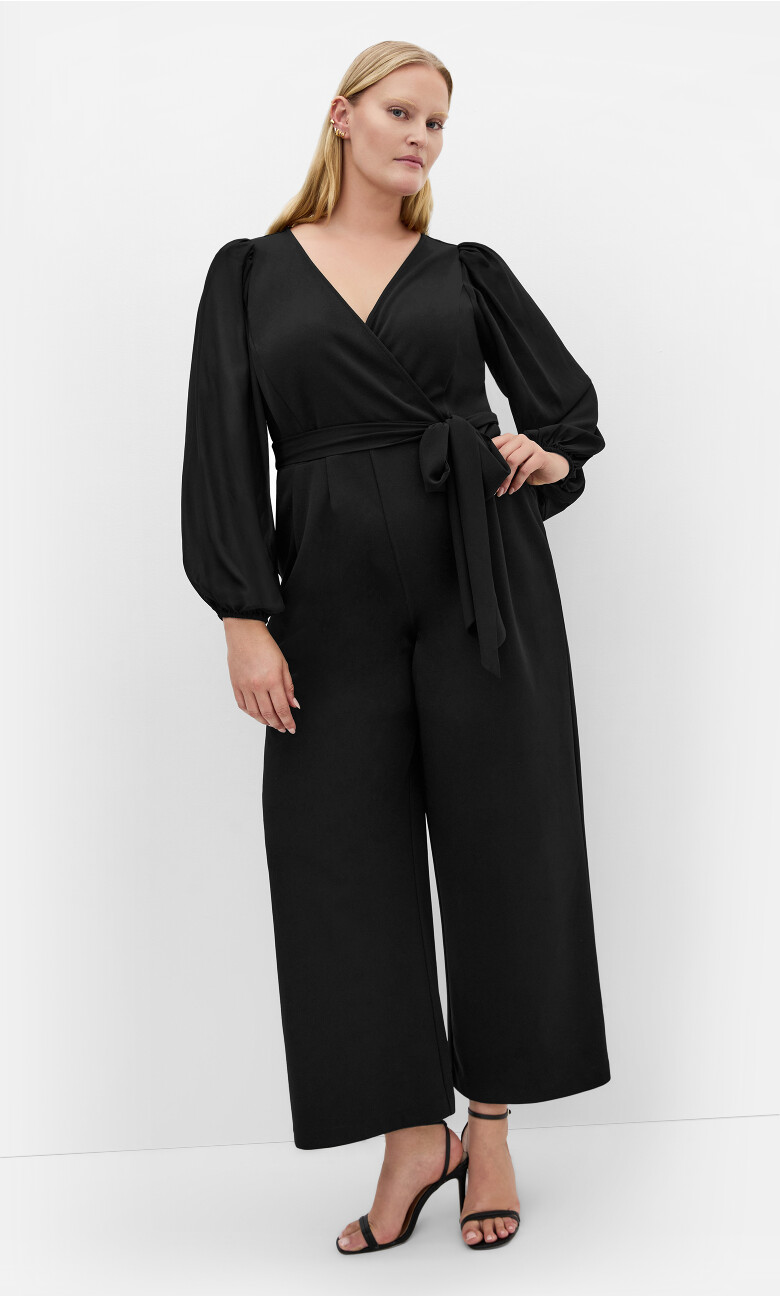 Plus Size Sheer Sleeve Jumpsuit - black