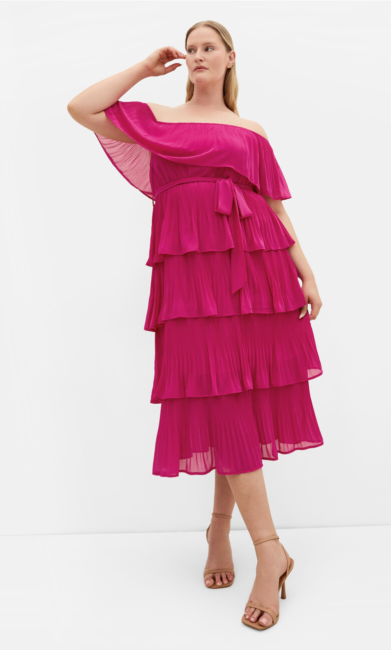 Plus Size Night Garden Off Shoulder Ruffle Dress - hot pink
