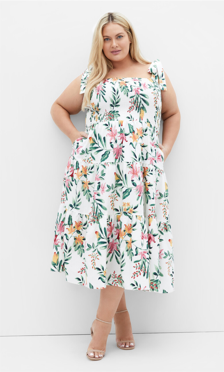 Haven Tier Midi Print Dress - ivory