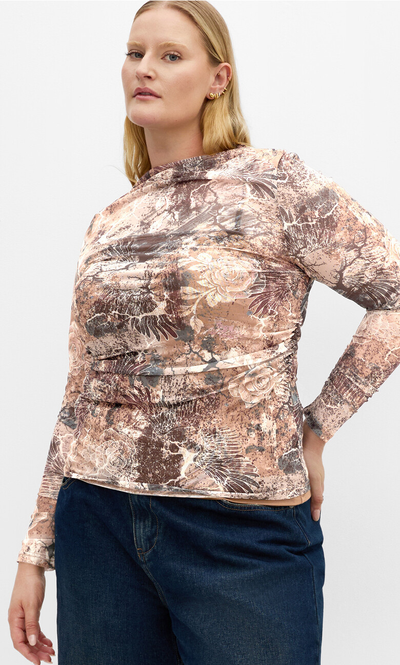 Plus Size Lauryn Ruched Print Top - Mocha (UPDATED)
