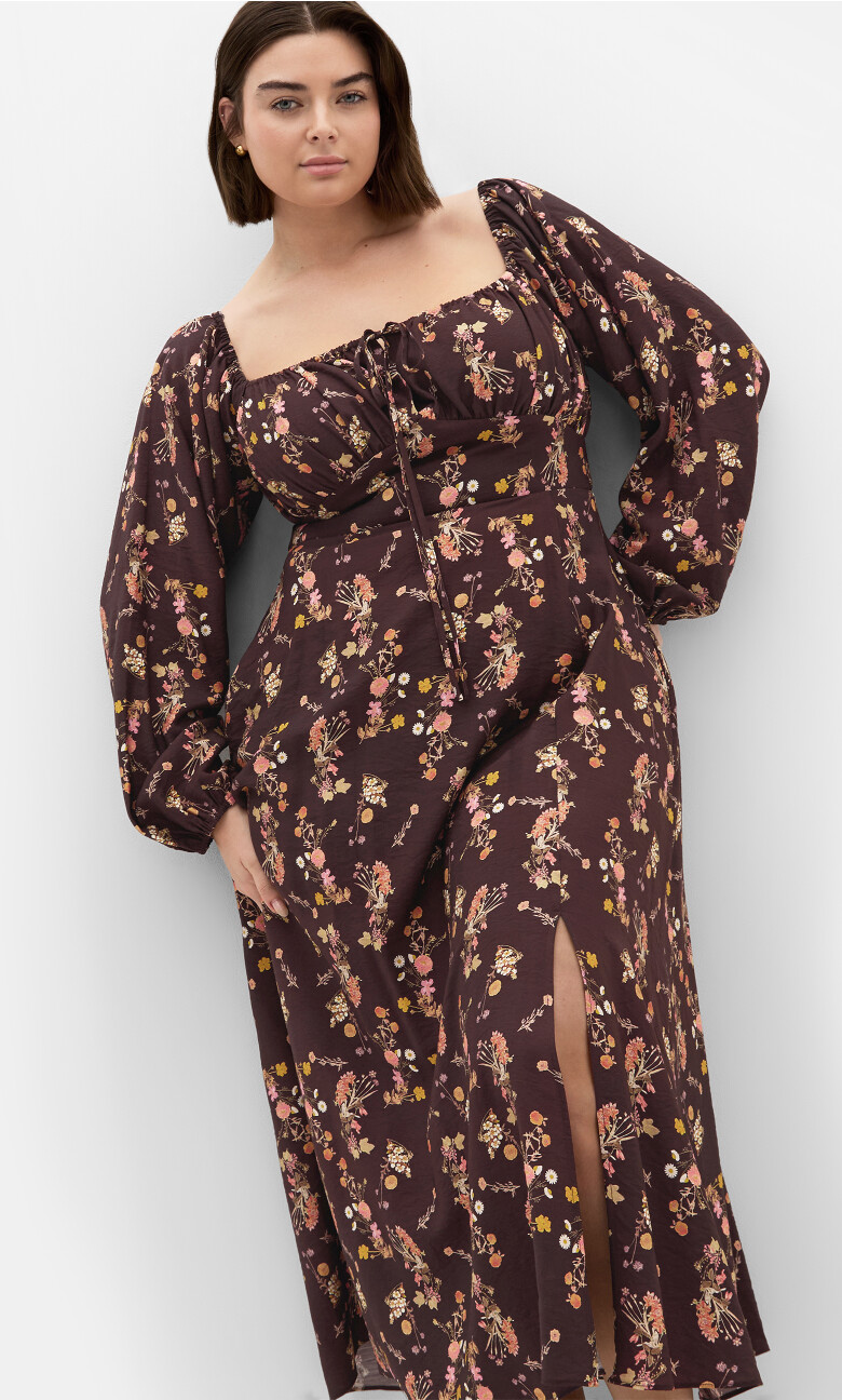 Plus Size Abbigail Long Sleeve Print Maxi Dress - cocoa
