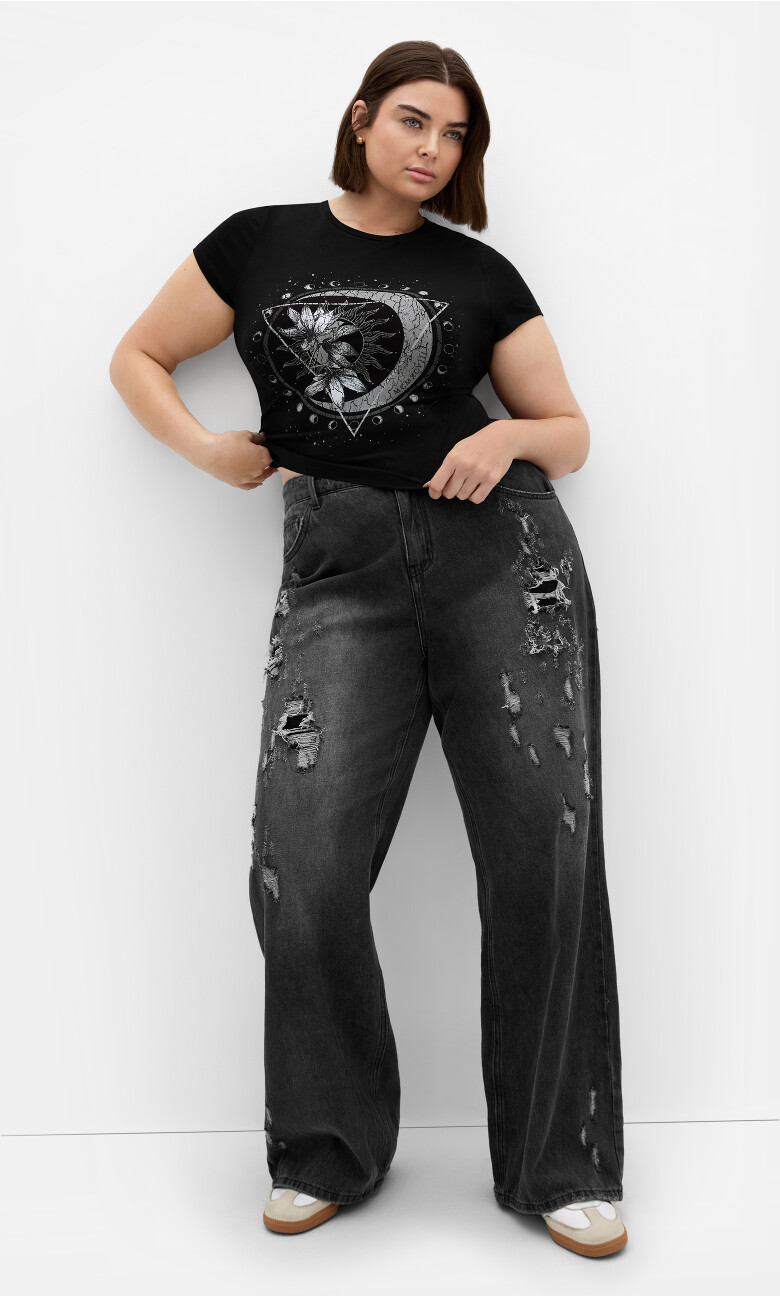 Plus Size Micro Grey Moon Print Tee - black