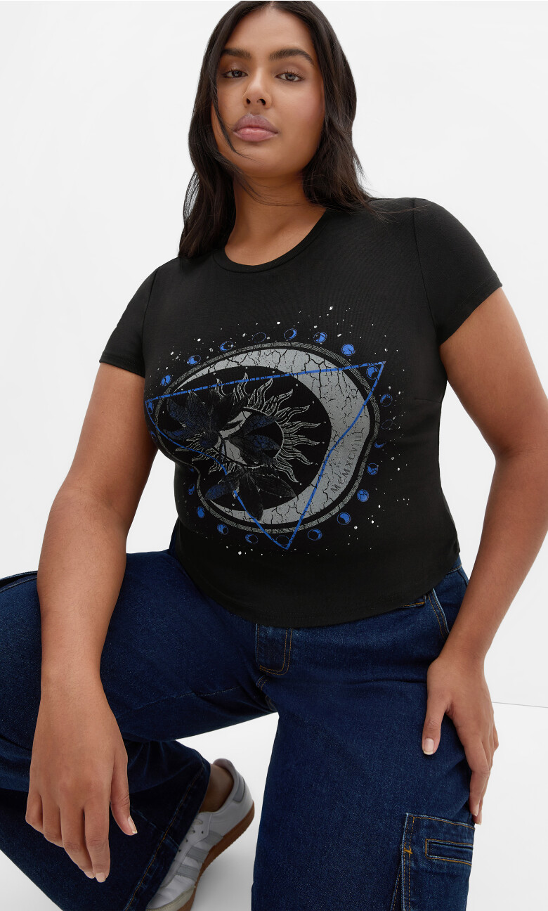 Plus Size Micro Blue Moon Print Tee - Black (UPDATED)
