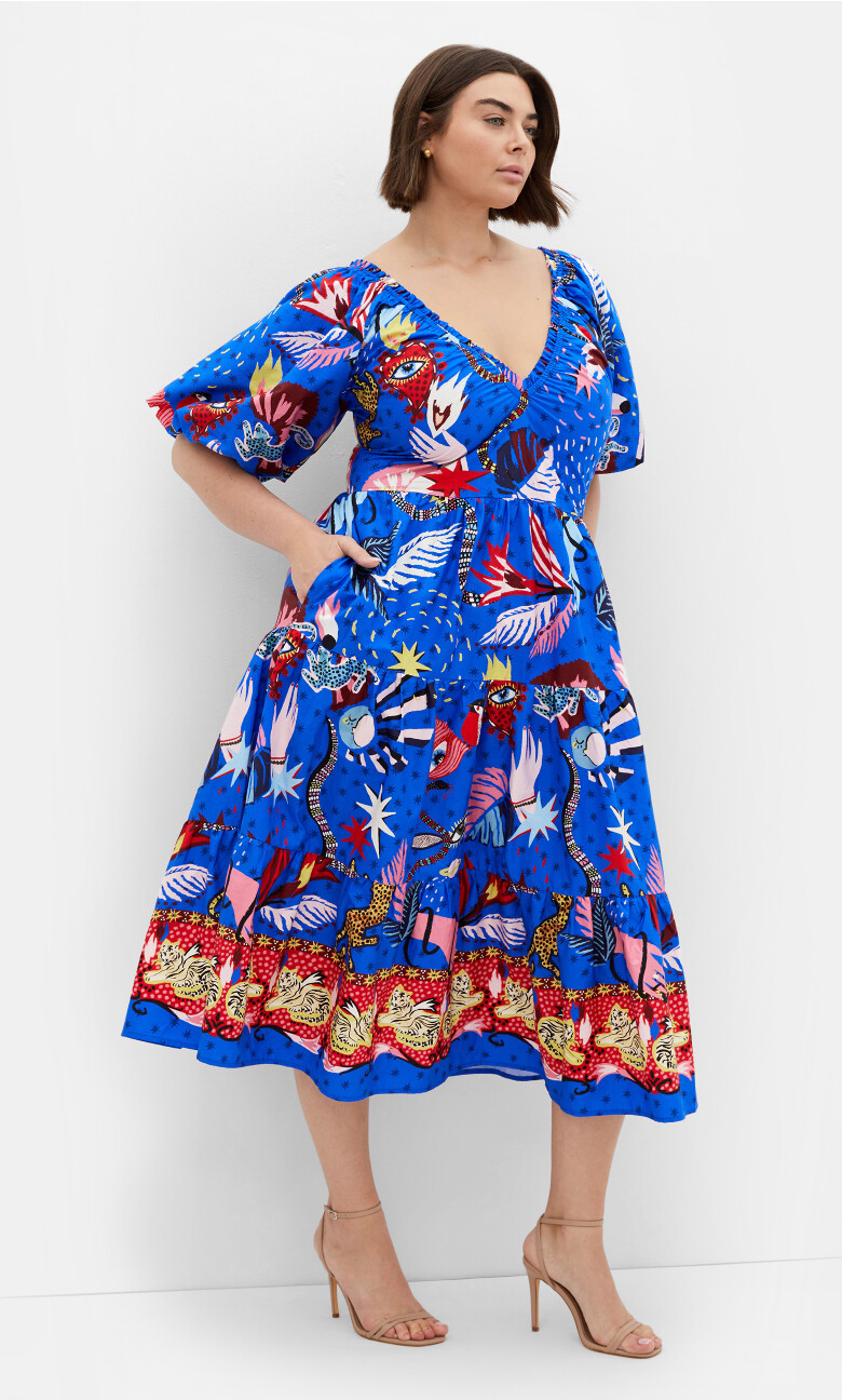 Plus Size Simona Print Puff Sleeve Dress - blue