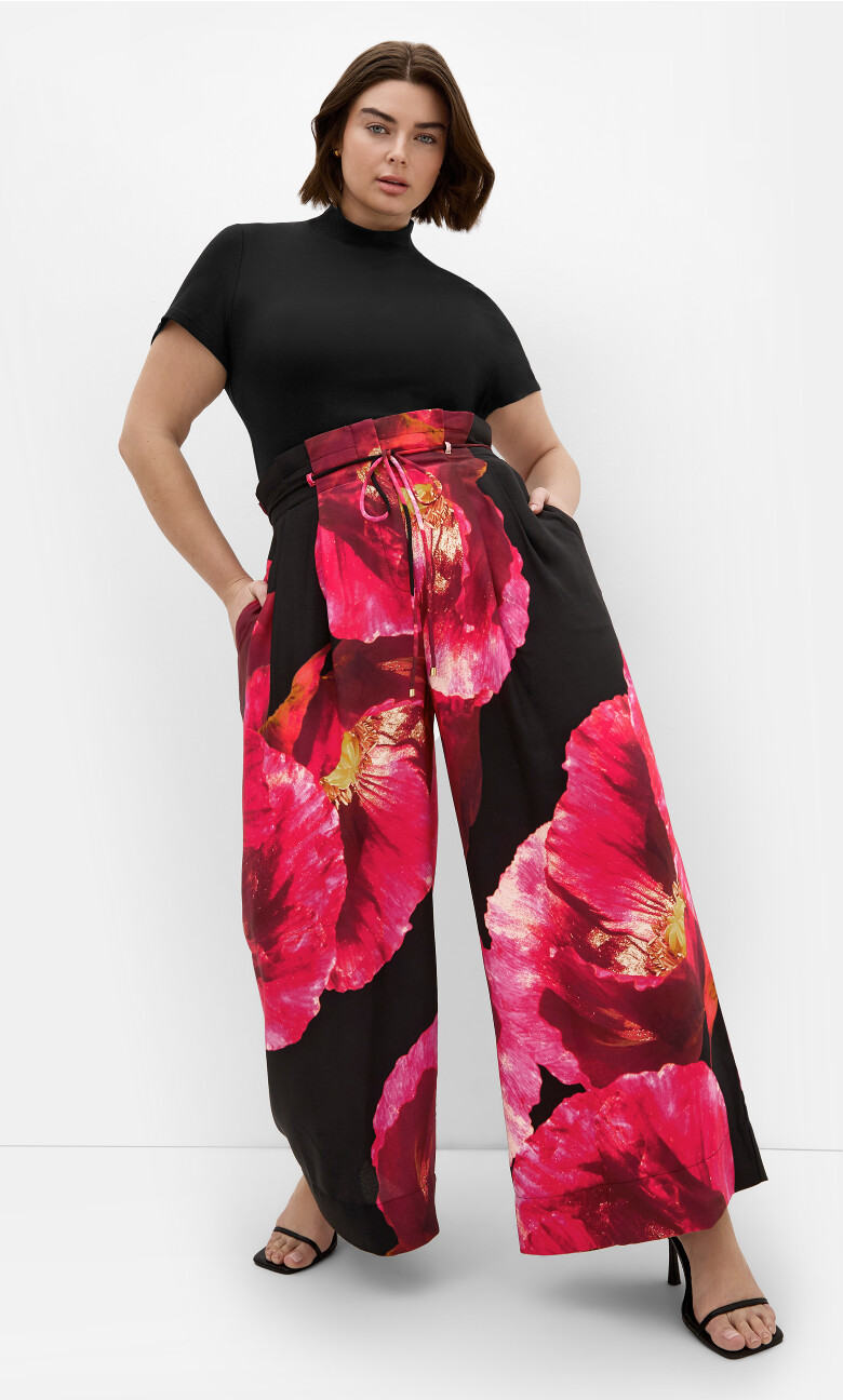 Shania Floral Print Wide Leg Pant - black