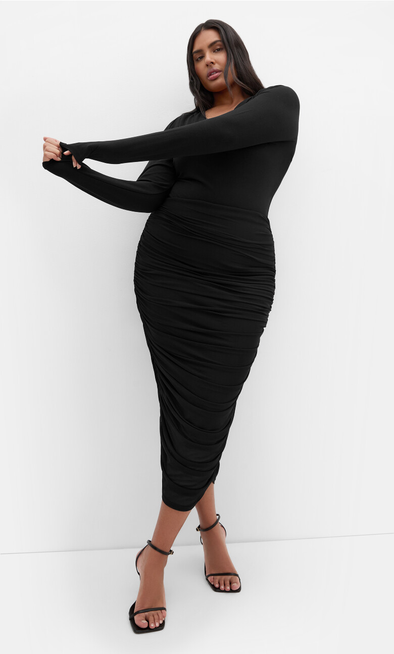 Plus Size Anastasia Ruched Midi Skirt - Black (UPDATED)