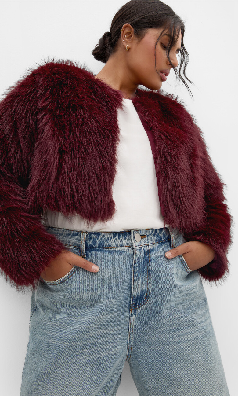 Plus Size Angelica Faux Fur Crop Jacket - Bordeaux
