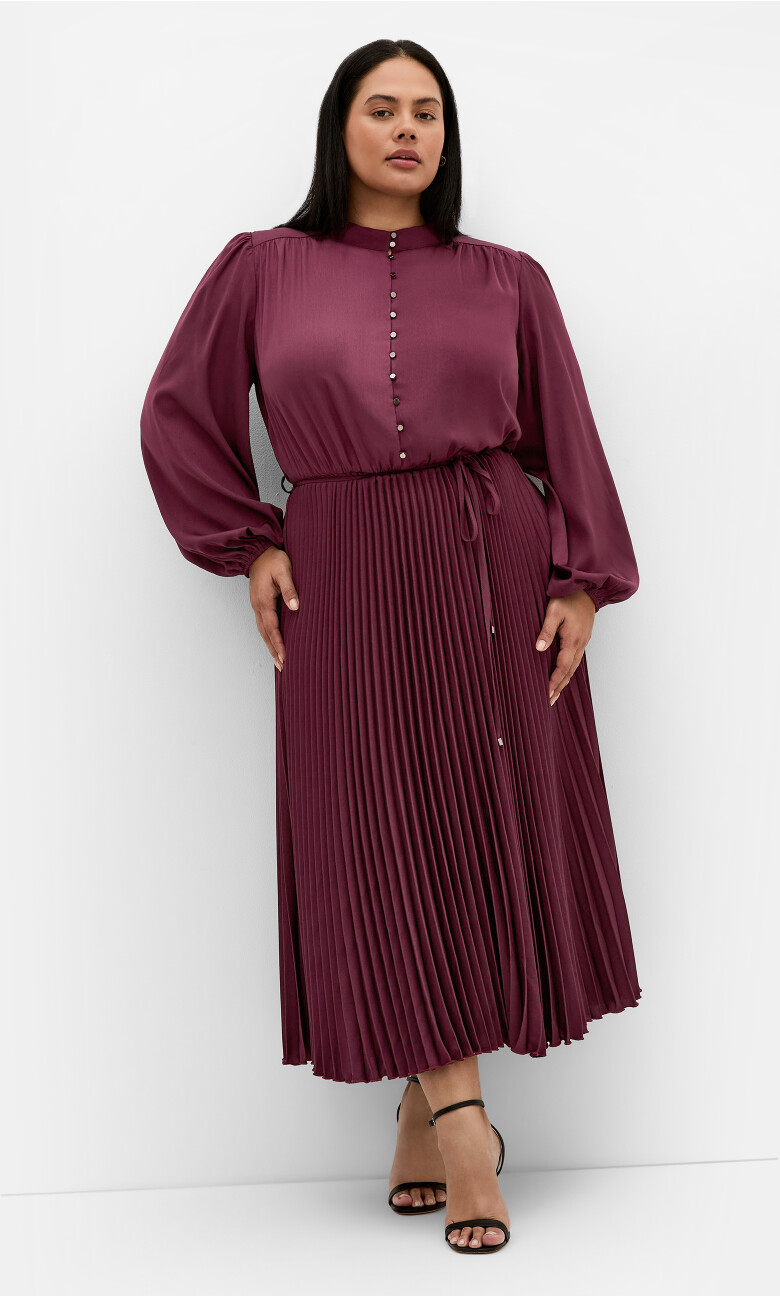 Plus Size Halle Long Sleeve Button Dress - bordeaux