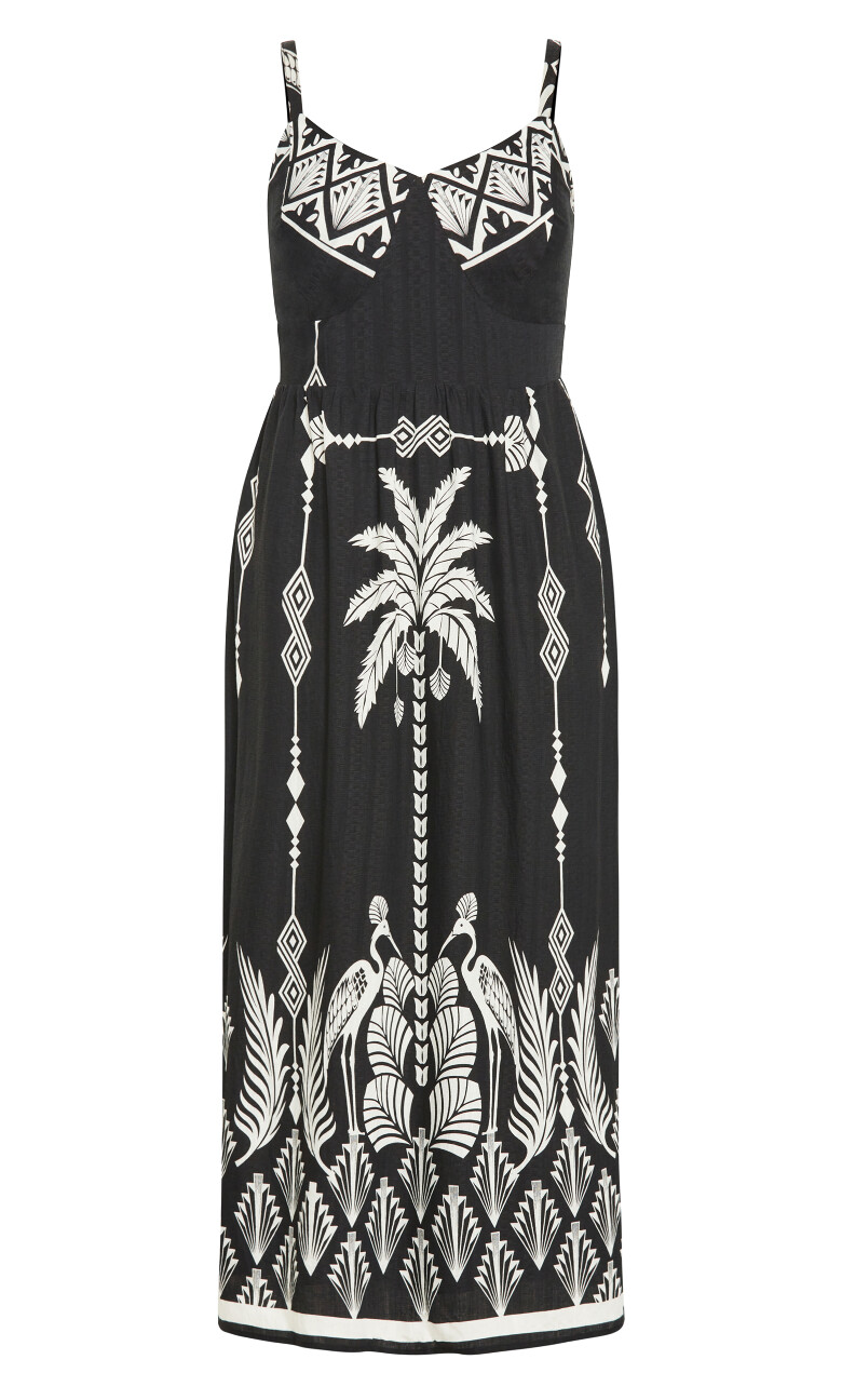 Jez Border Print Shirred Maxi Dress - black
