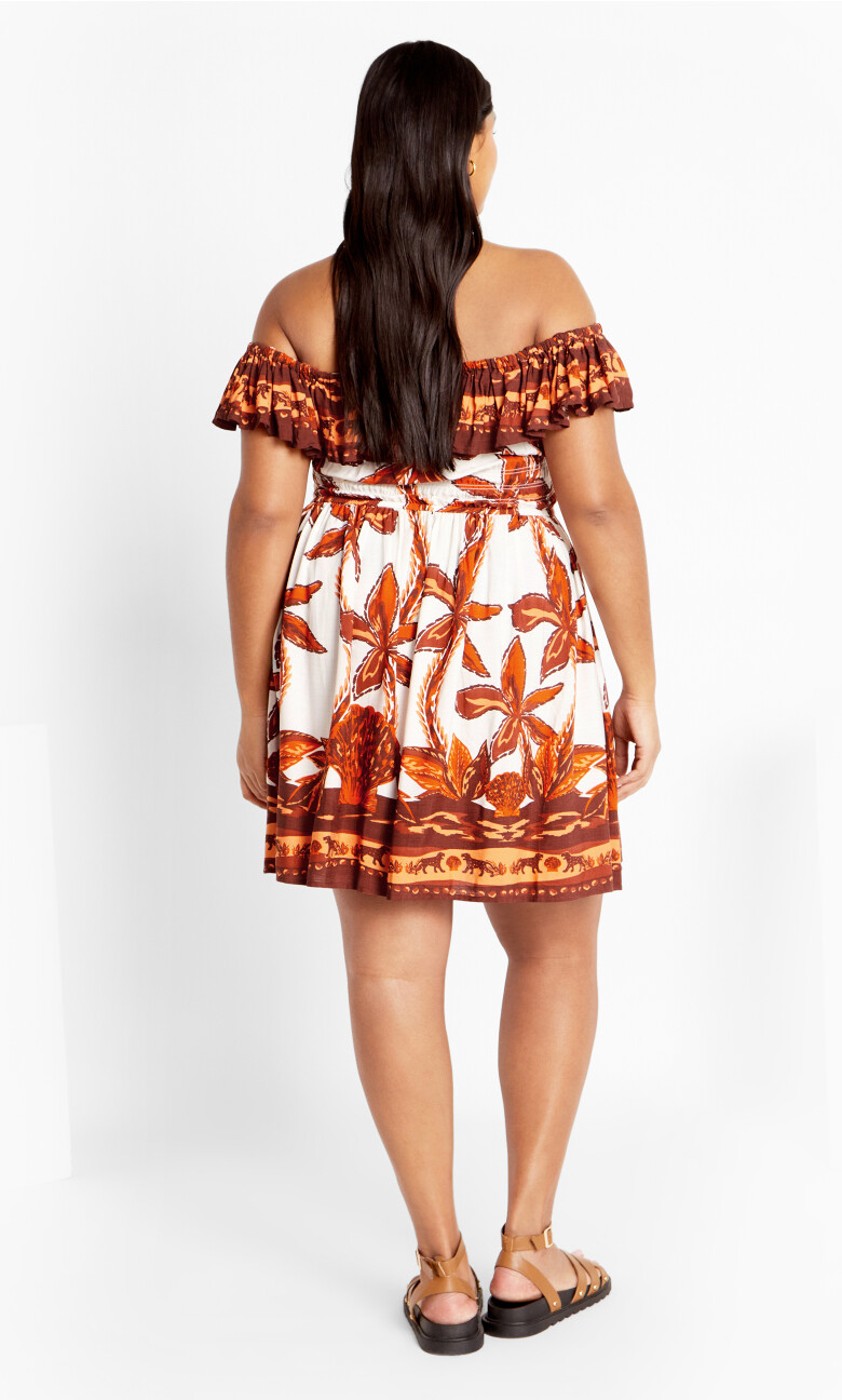 Tahitian Shoulder Ruffle Tie Border Dress - brown