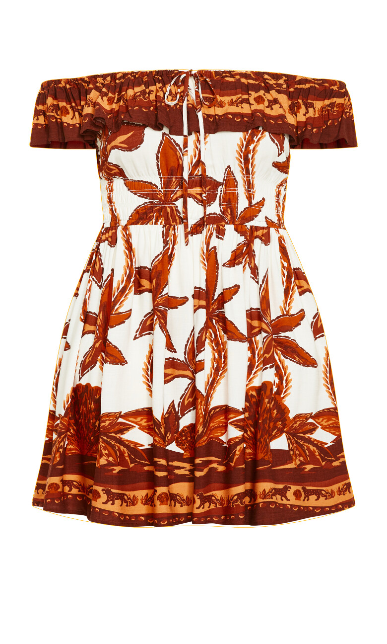 Tahitian Shoulder Ruffle Tie Border Dress - brown