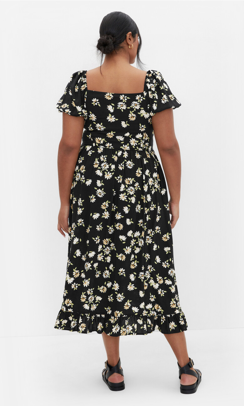 Emie Shirred Print Midi Dress - black
