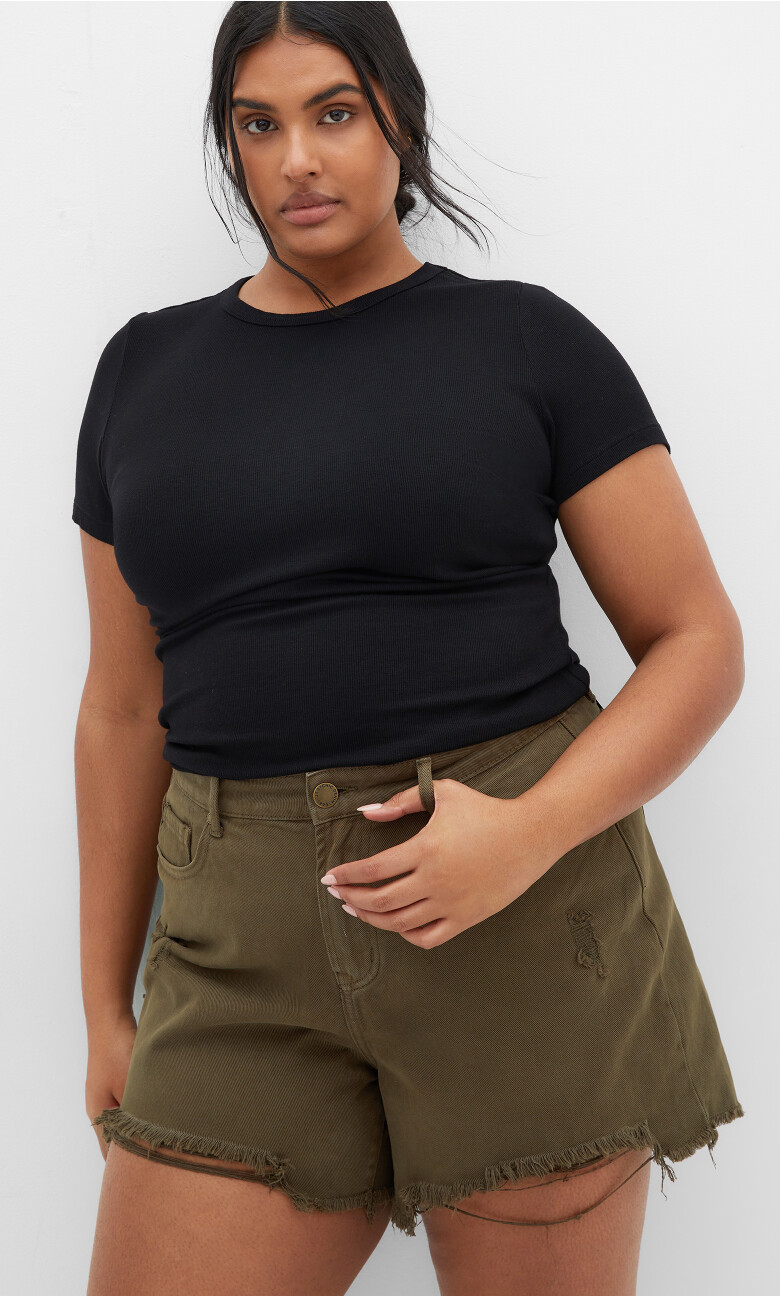 Denim Rip Short - khaki