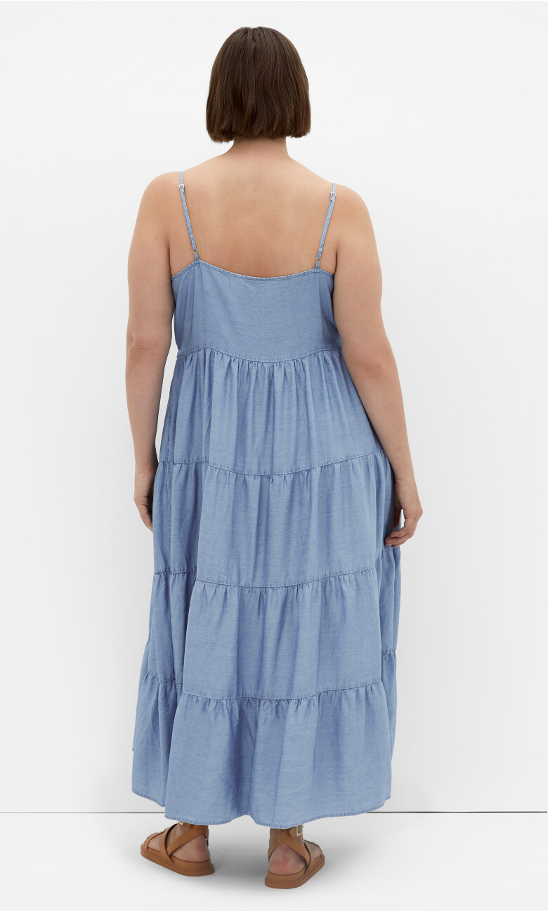 Island Tier Frill Maxi Dress - light wash