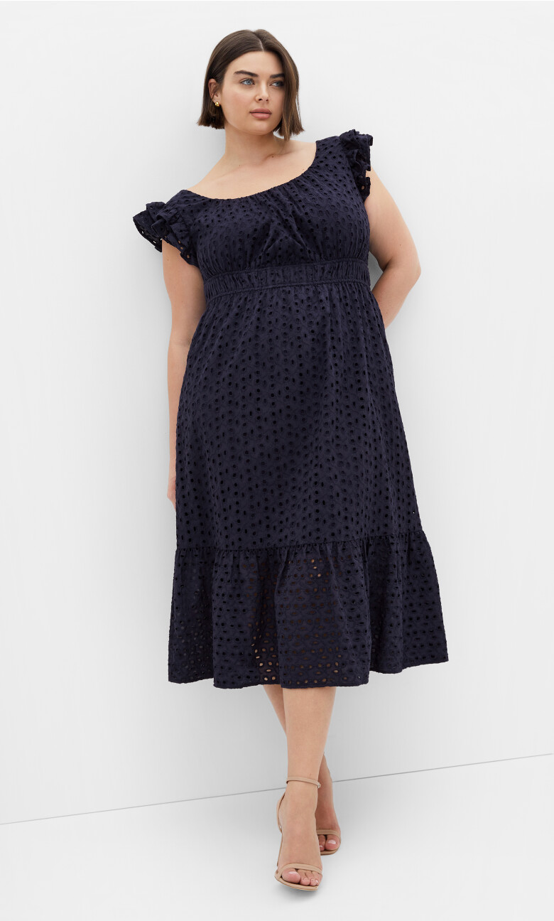 Sweet Broderie Ruffle Midi Dress - navy