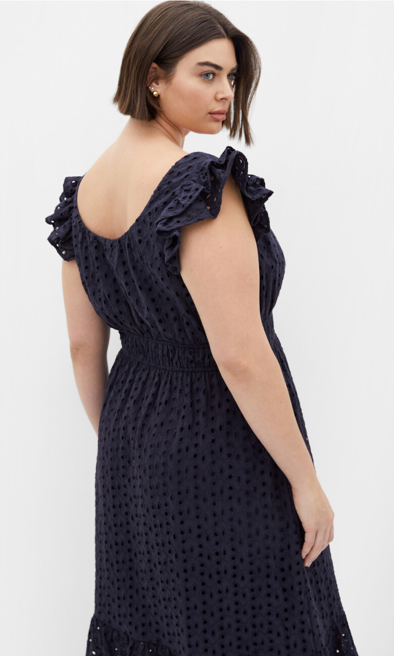 Sweet Broderie Ruffle Midi Dress - navy