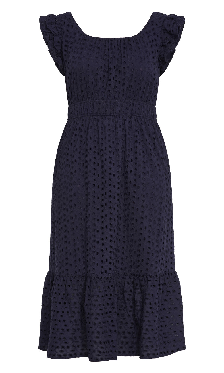 Sweet Broderie Ruffle Midi Dress - navy