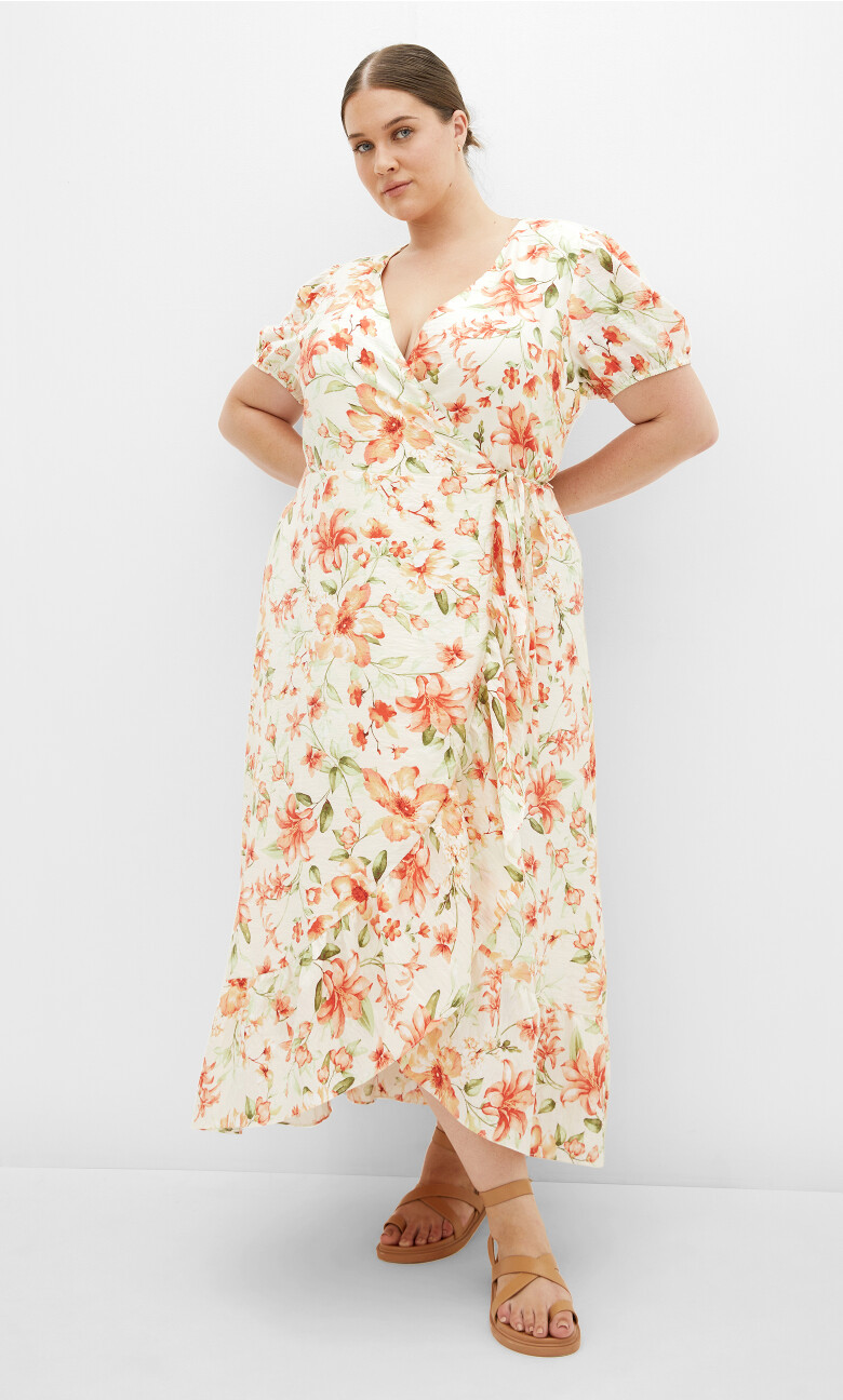 Sarina Print Wrap Midi Dress - ivory