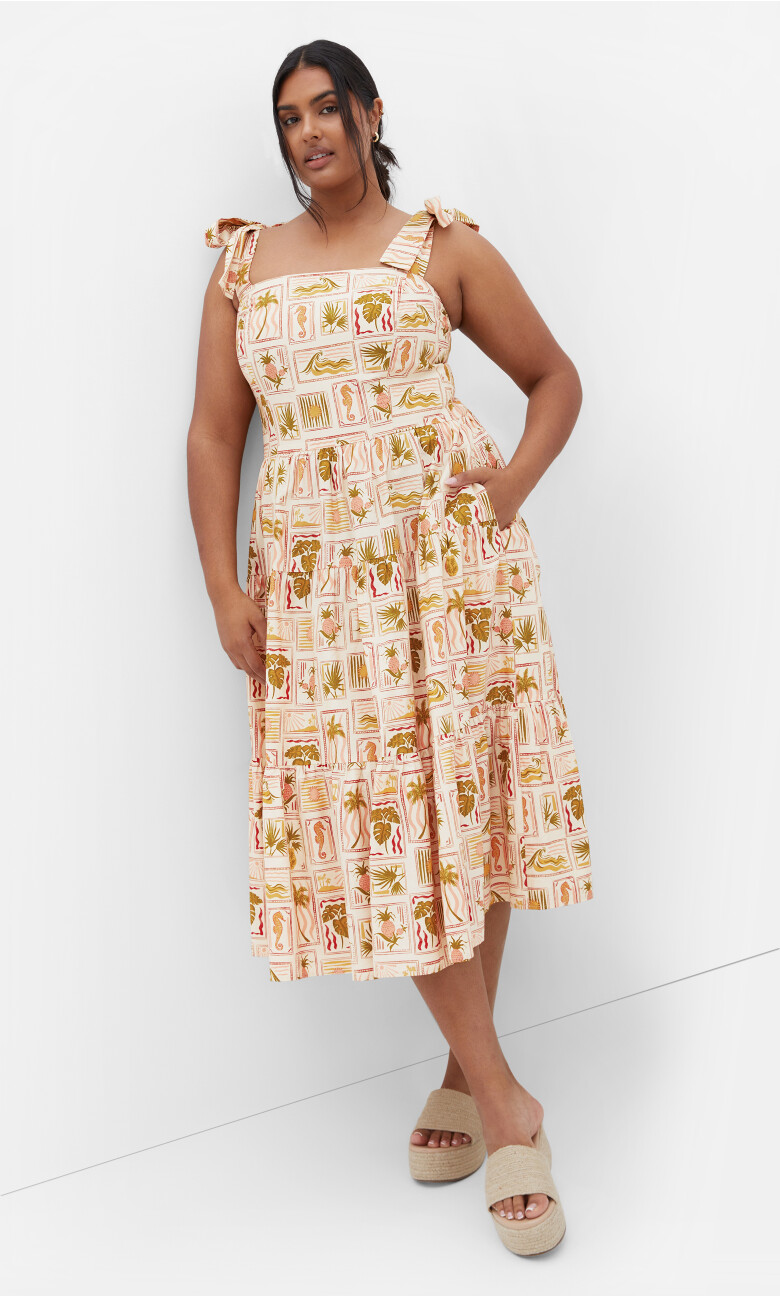 Leila Tropics Print Midi Dress - sand