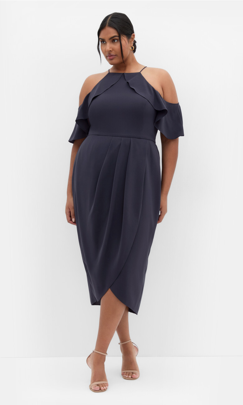 Plus Size Love Siren Ruffle Shoulder Dress - Navy