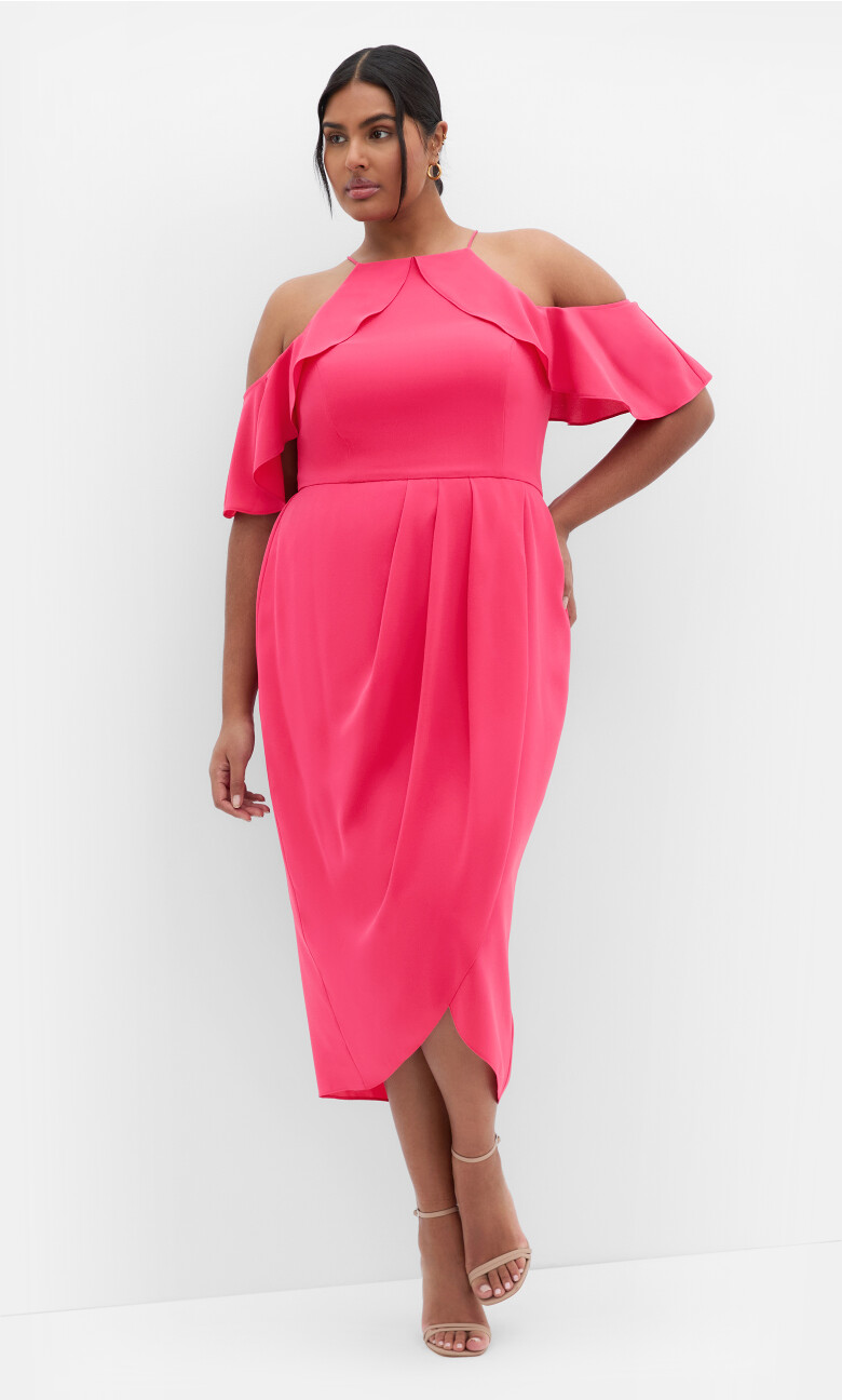 Plus Size Love Siren Ruffle Shoulder Dress - Raspberry