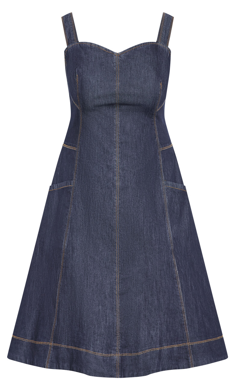 Denim Flare Midi Strappy Dress - dark denim