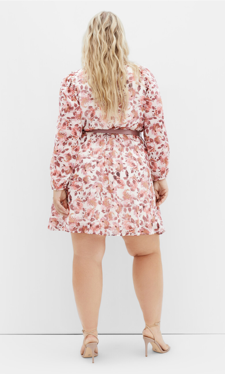 Madelynn Ruffle Sheer Sleeve Print Dress - bisque