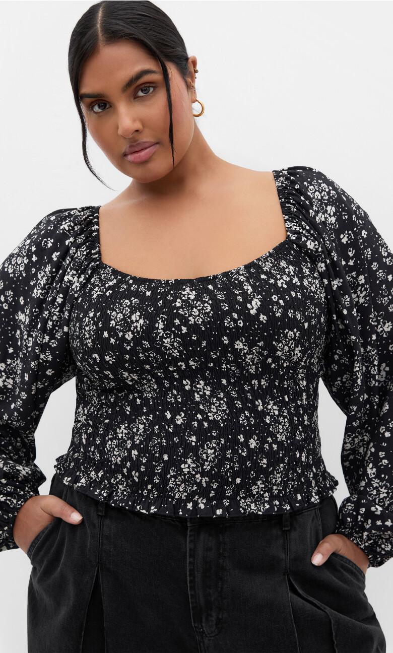 Abbie Floral Print Top - black