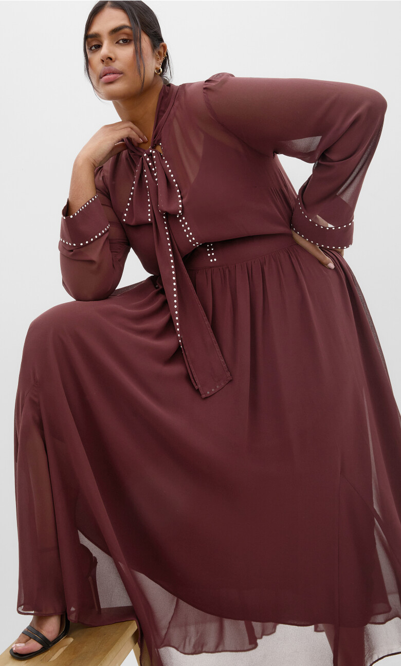 Kara Stud Tie Neck Maxi Dress - dark cherry