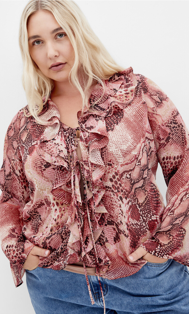 Vivid Ruffle Snake Print Top - cherry