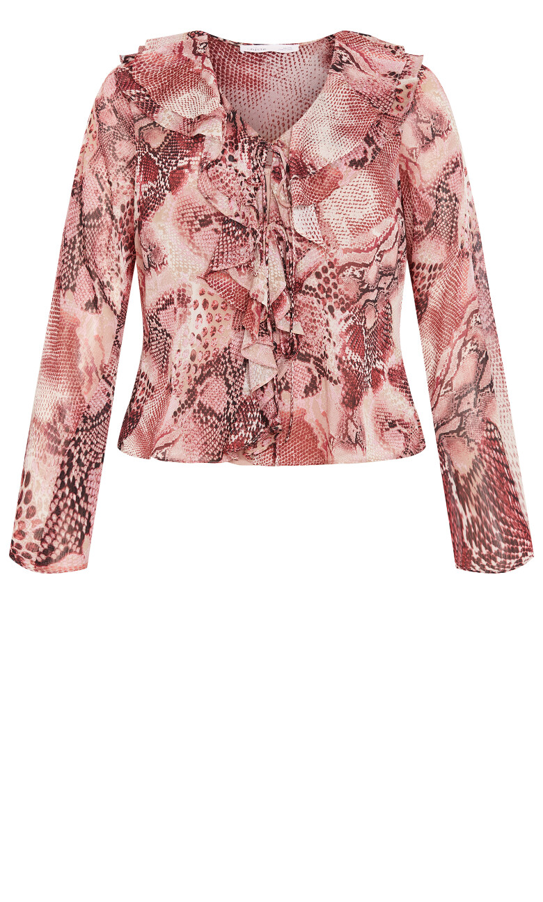Vivid Ruffle Snake Print Top - cherry