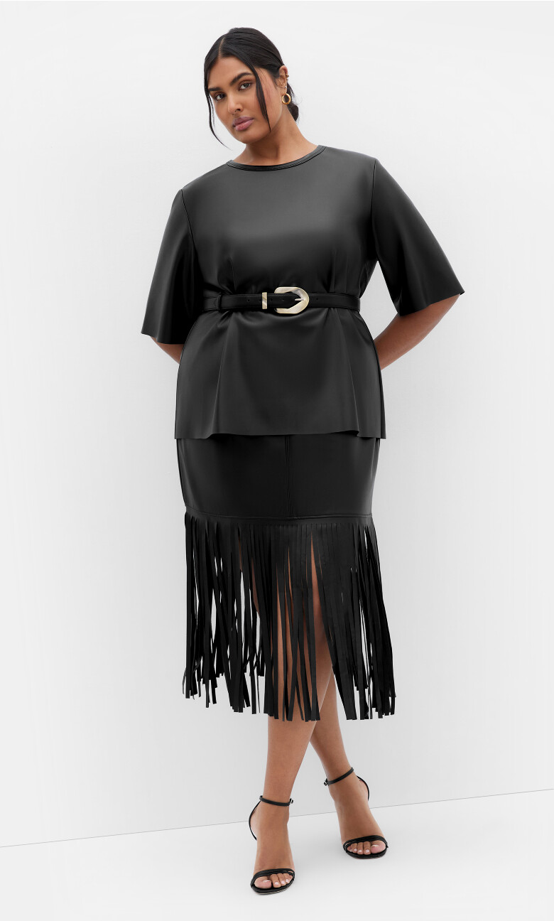 Plus Size Fringe Faux Leather Skirt - Black