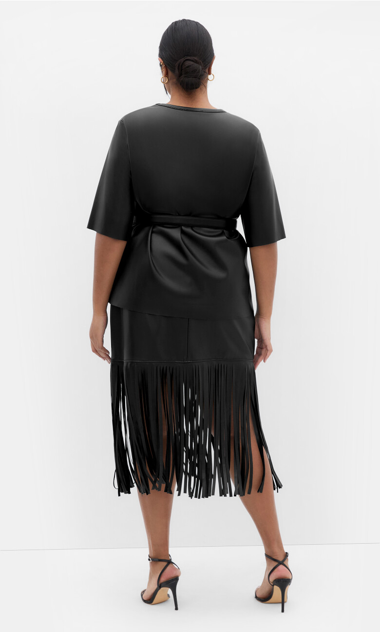 Fringe Faux Leather Skirt - black