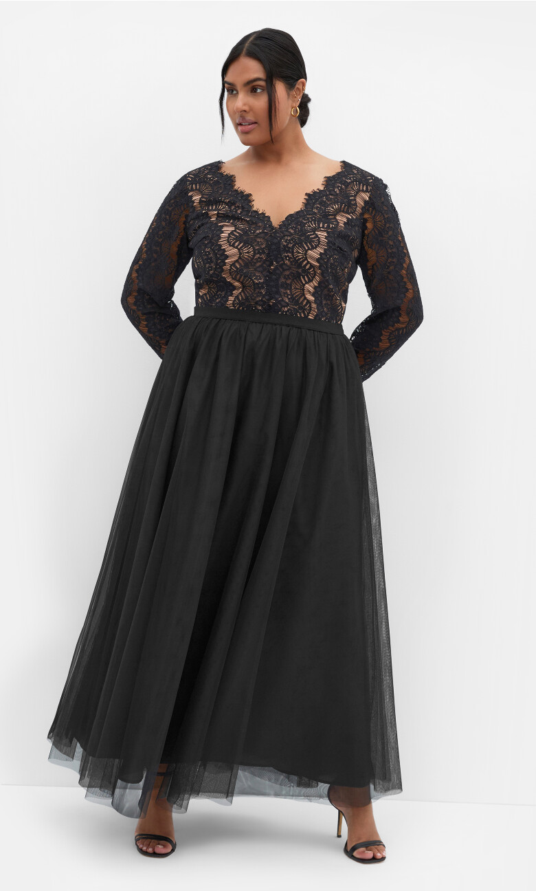 Plus Size Rare Beauty Lace Tulle Maxi Dress - black