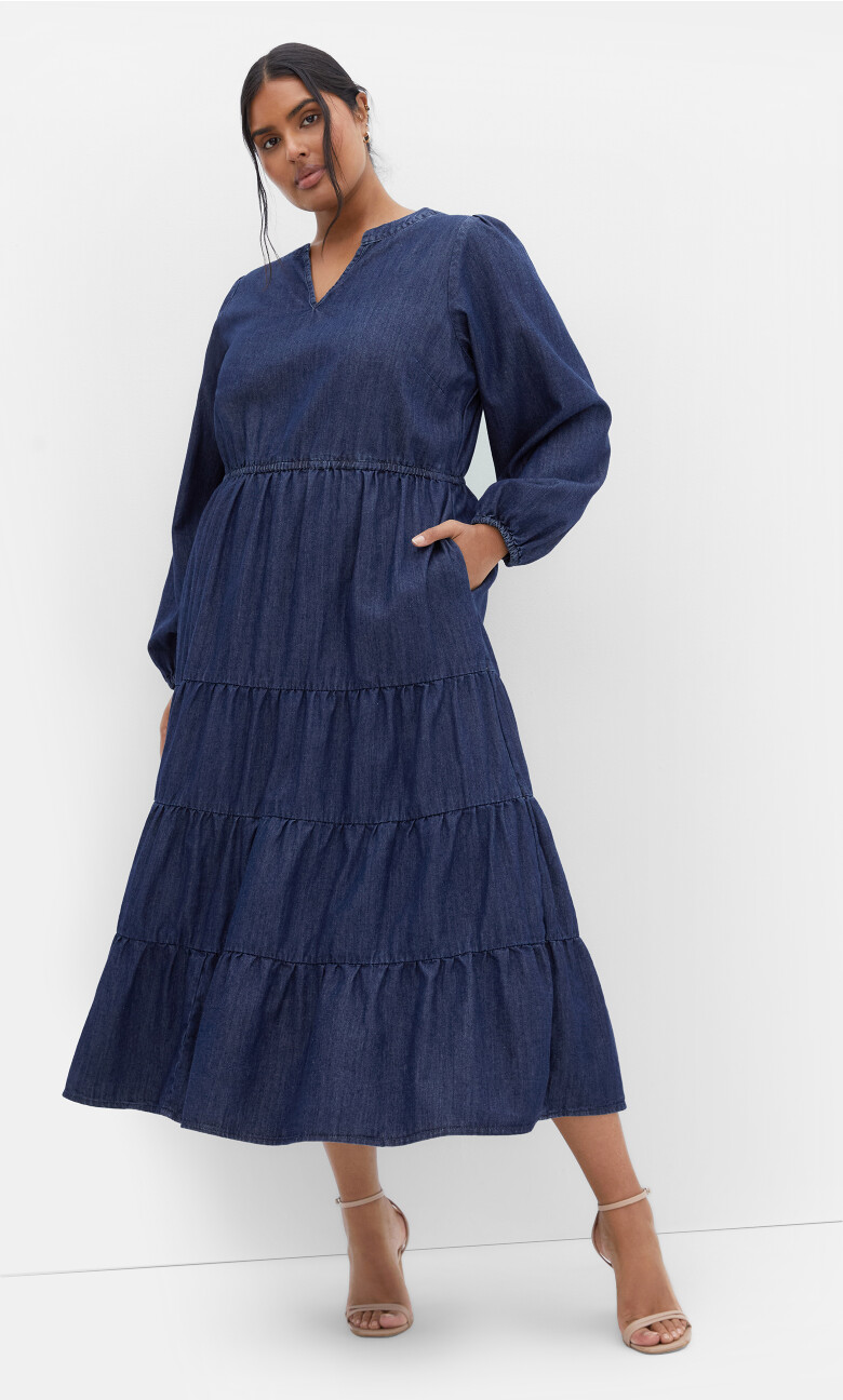 August Long Sleeve Denim Dress - dark denim