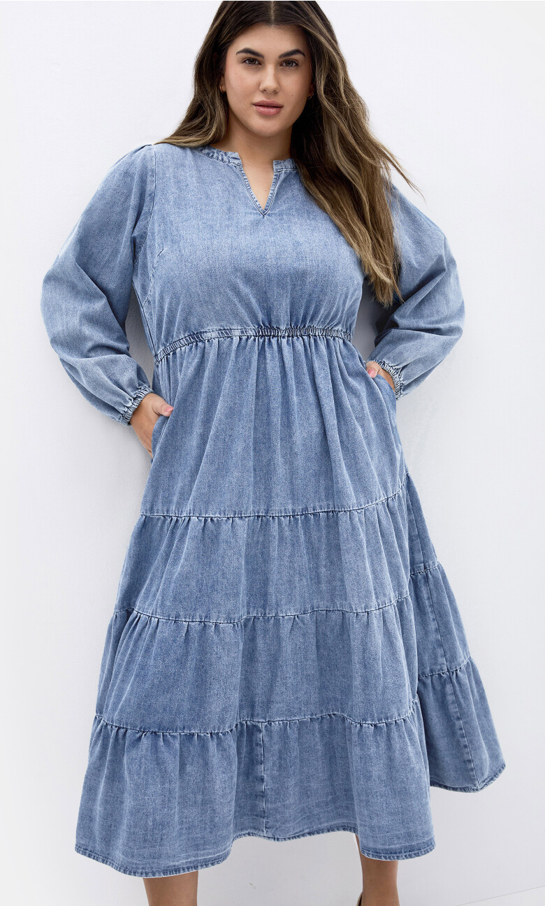 Plus Size August Long Sleeve Denim Dress - Light Denim