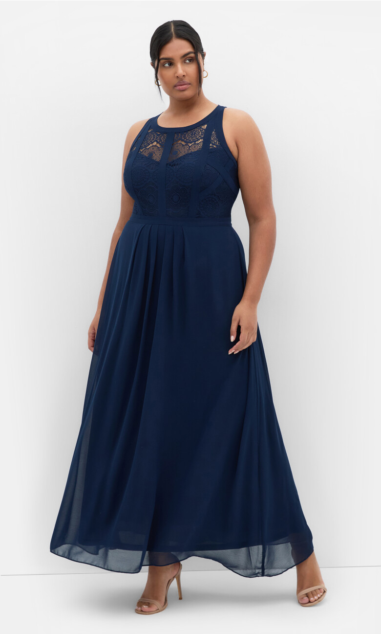 Plus Size Panelled Bodice Sleeveless Lace Maxi Dress - french navy