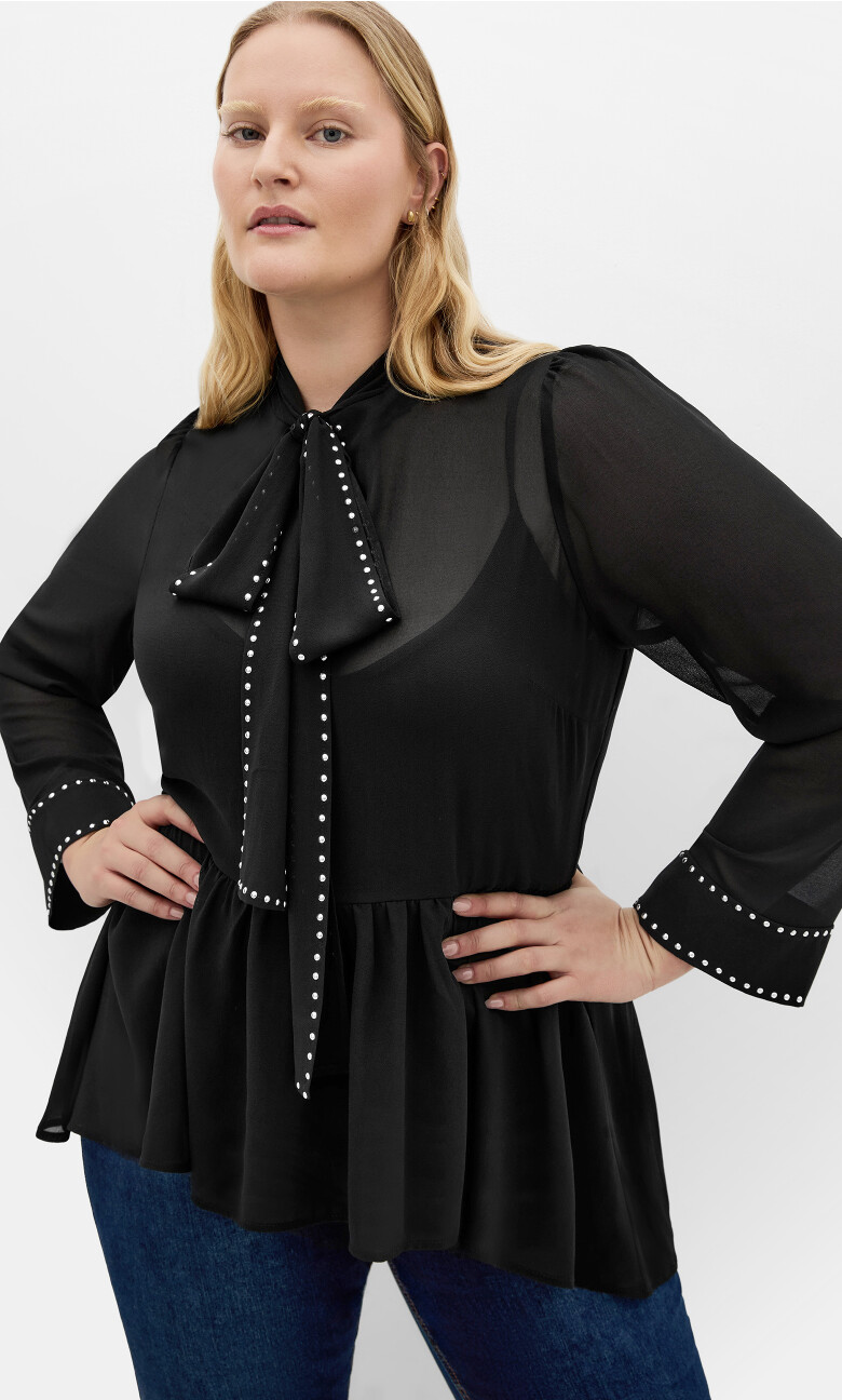 Kara Stud Tie Neck Top - black
