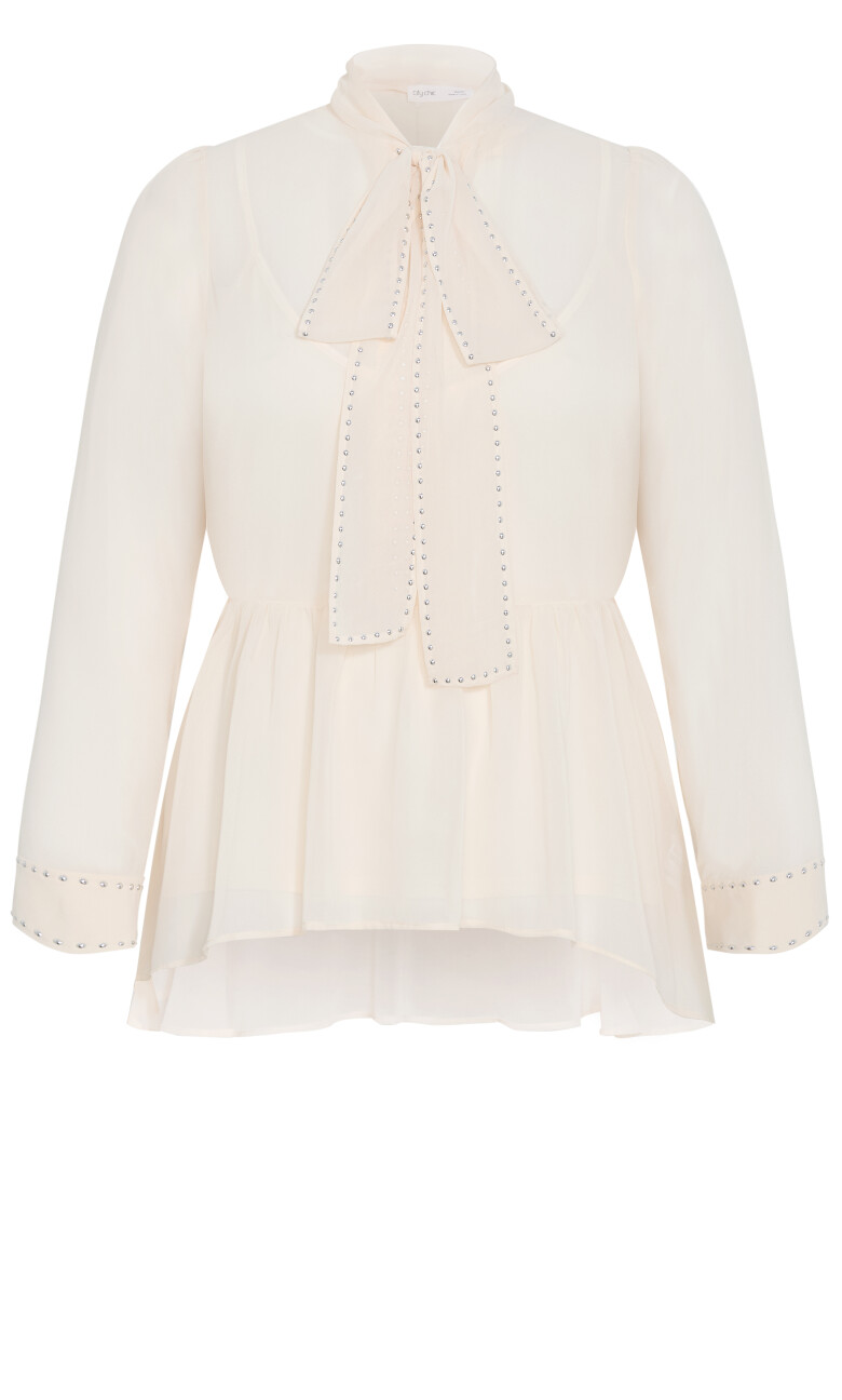 Kara Stud Tie Neck Top - cream