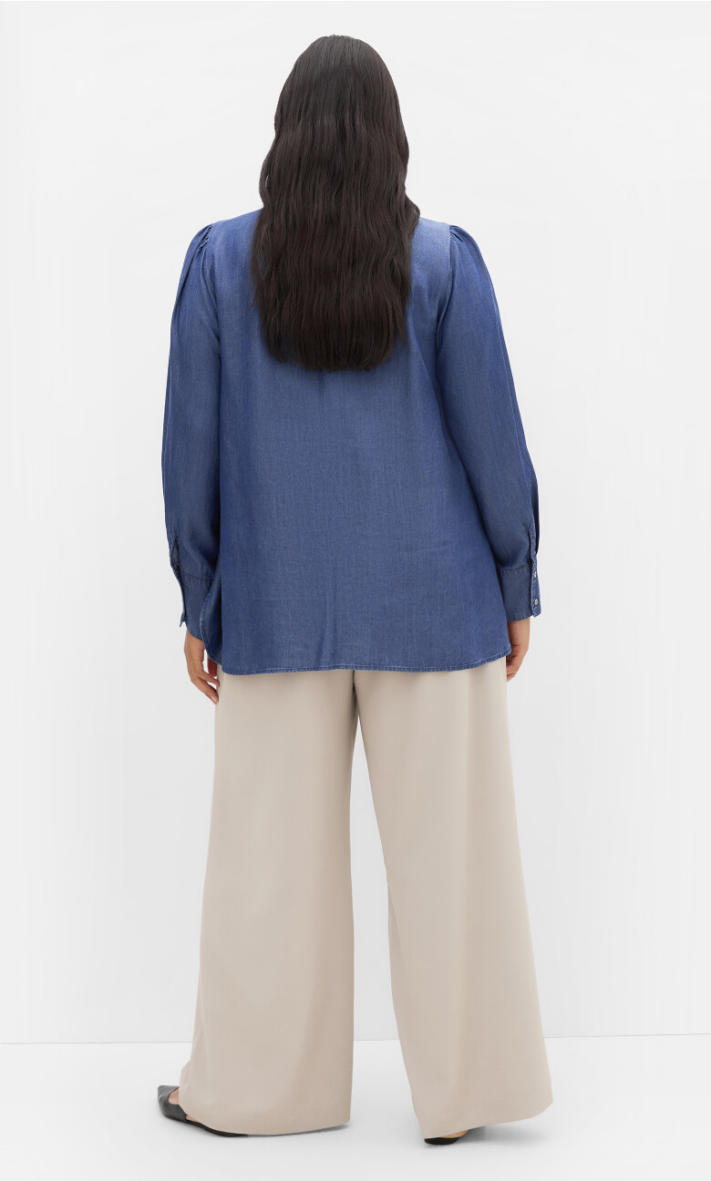 Chambray Bow Denim Shirt - dark wash