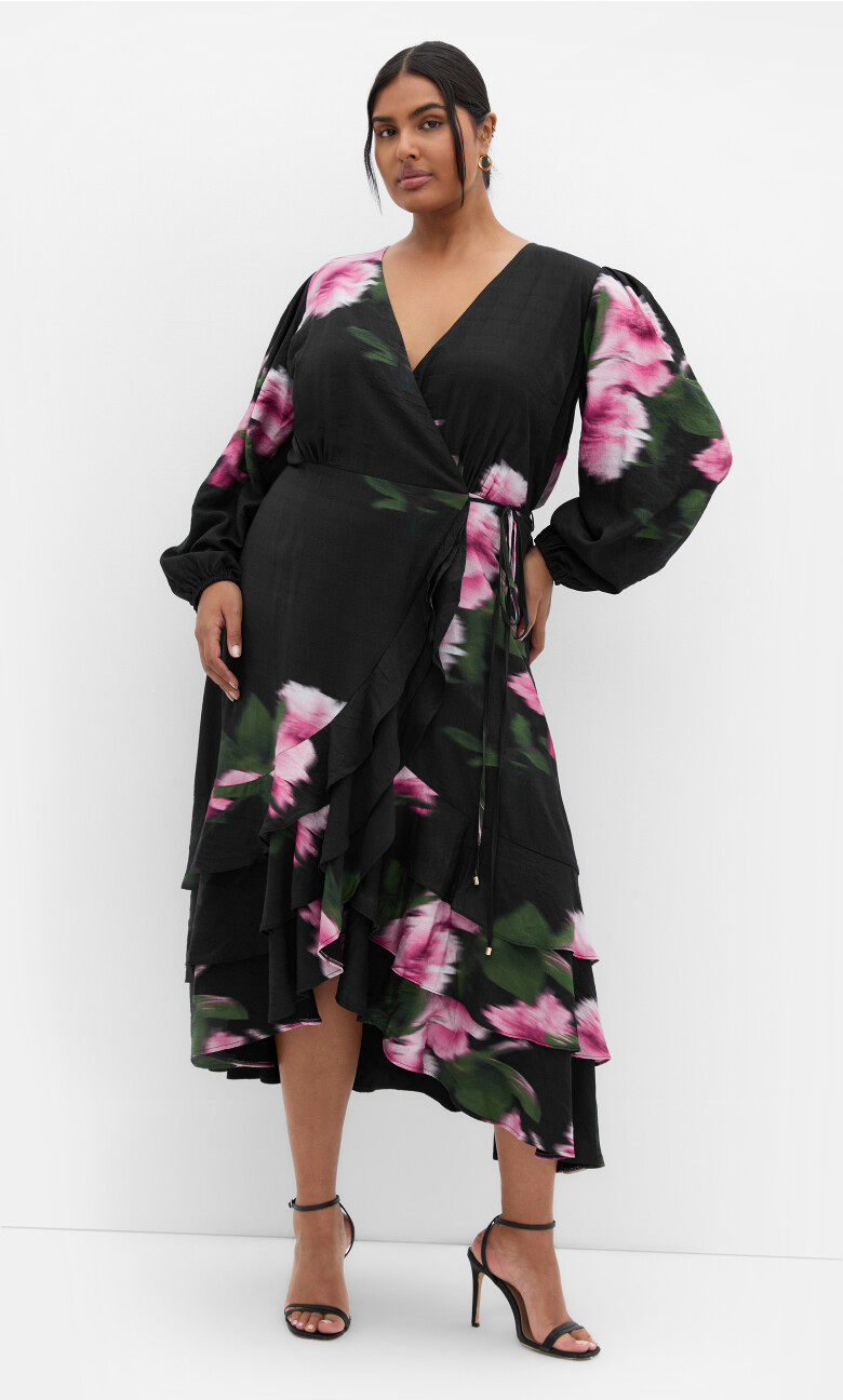 Plus Size Bea Long Sleeve Print Dress - Black