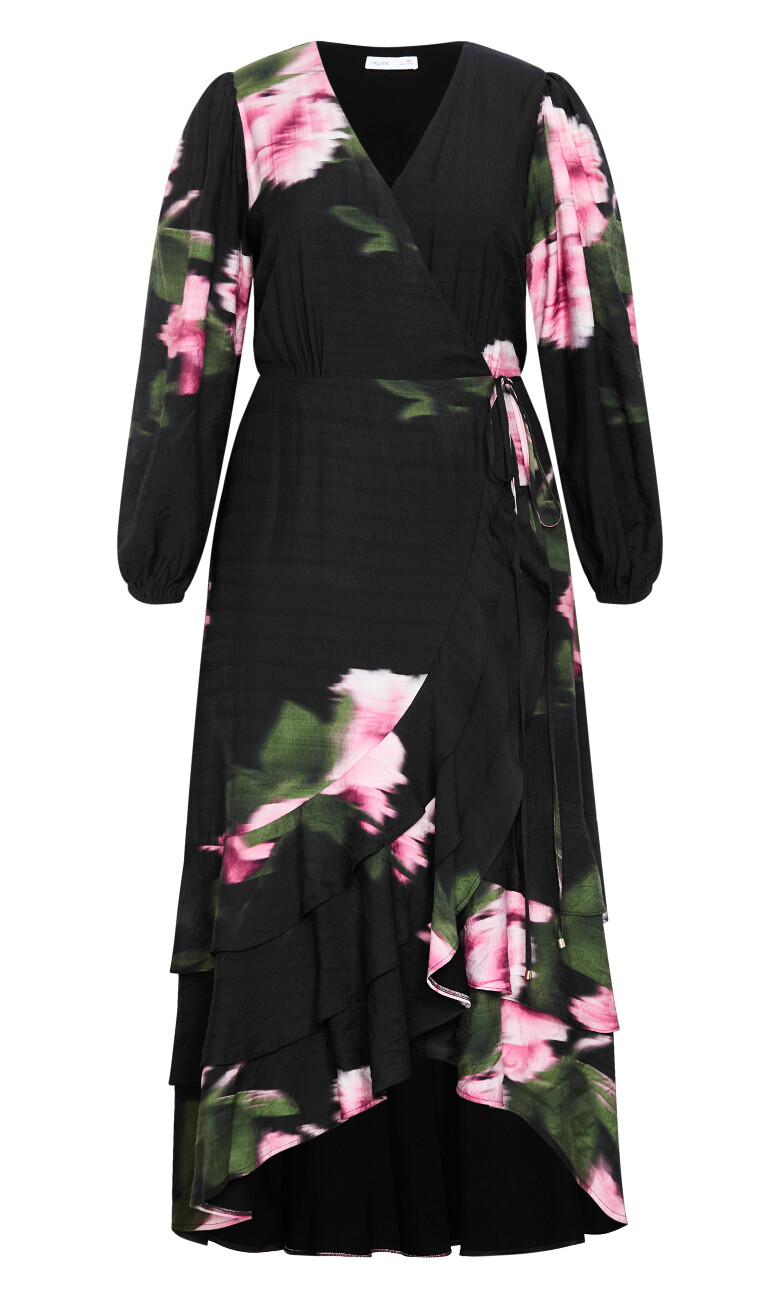 Bea Long Sleeve Print Wrap Dress - black