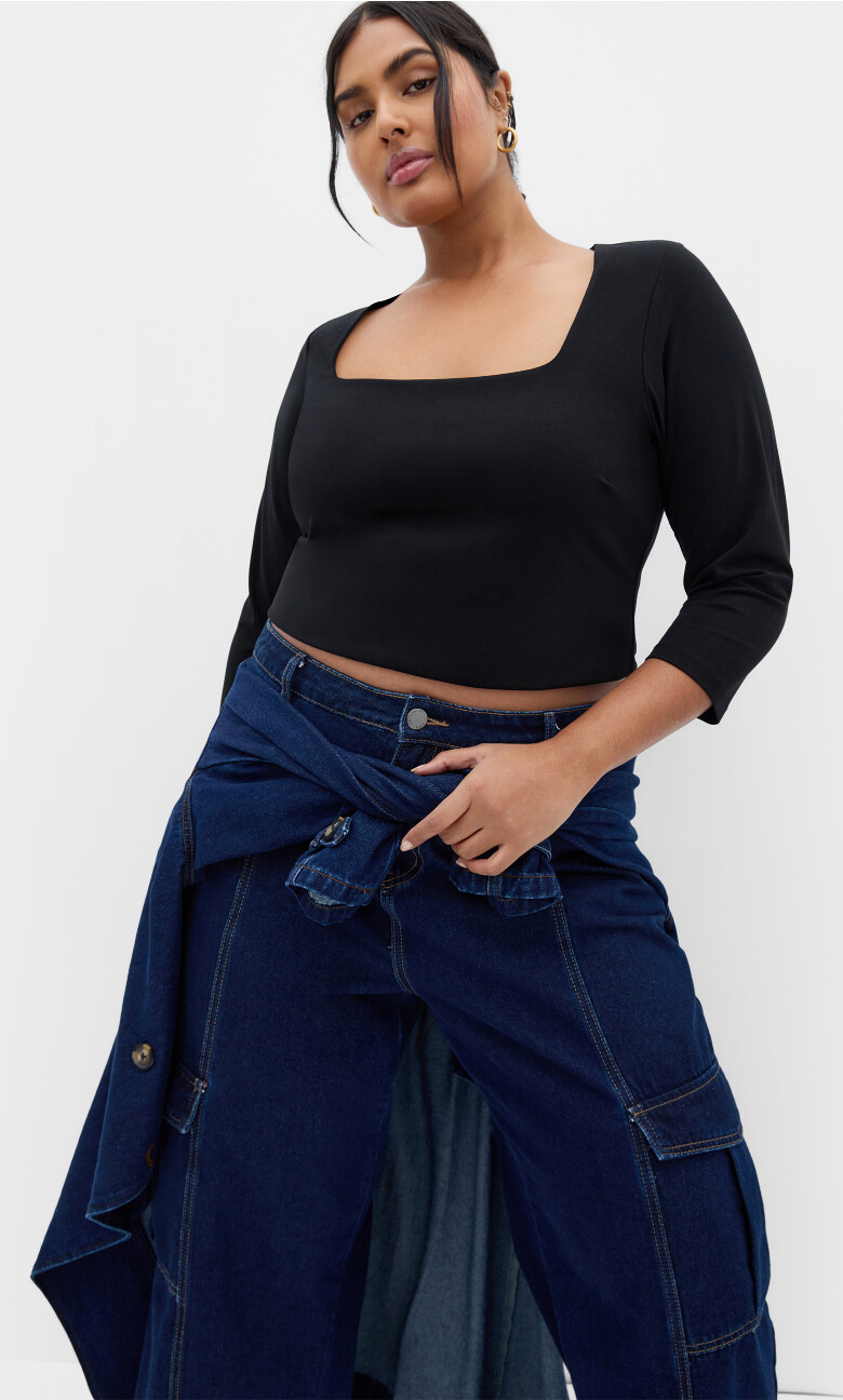 Plus Size Anny Square Neck Top - Black