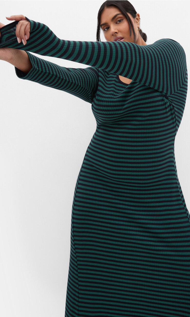 Plus Size Remi Long Sleeve Rib Maxi Dress - Green Stripe