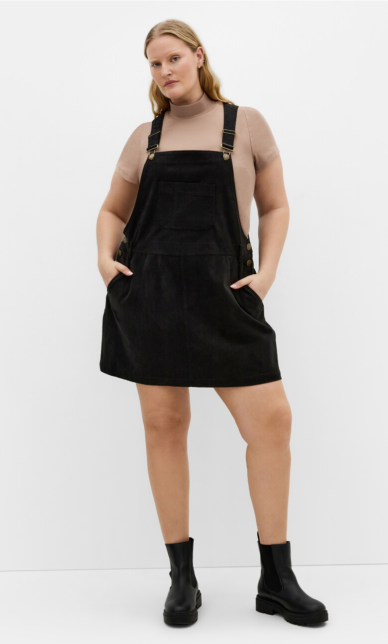 Corduroy Pinafore Short Dress - black